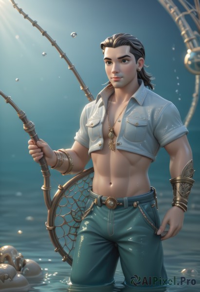 solo,looking at viewer,smile,brown hair,shirt,black hair,1boy,navel,holding,jewelry,closed mouth,standing,jacket,short sleeves,male focus,cowboy shot,earrings,outdoors,open clothes,midriff,belt,pants,artist name,water,necklace,stomach,blurry,black eyes,bracelet,lips,wet,open shirt,muscular,ocean,watermark,abs,pectorals,denim,wading,fish,cropped jacket,pocket,toned,realistic,nose,breast pocket,toned male,fishing rod,partially underwater shot,net,brown eyes,open jacket,crop top,web address,blue pants,deviantart username