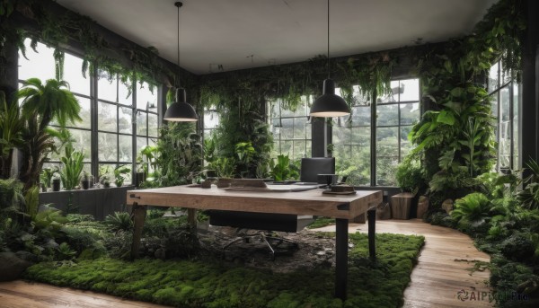 day,indoors,tree,no humans,window,chair,table,sunlight,grass,plant,scenery,desk,potted plant,lamp,ruins,moss,overgrown,ceiling light