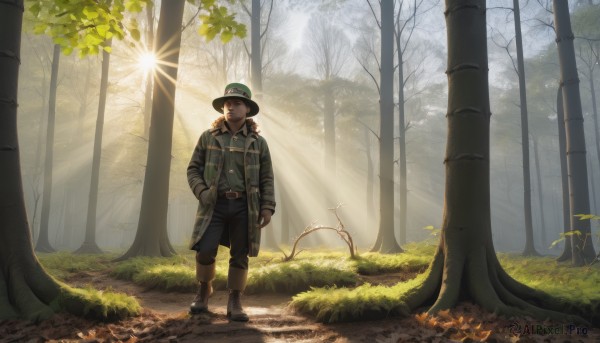 solo,brown hair,shirt,long sleeves,1boy,hat,brown eyes,closed mouth,standing,jacket,closed eyes,male focus,boots,outdoors,open clothes,day,belt,pants,tree,coat,plaid,leaf,black pants,sunlight,grass,nature,scenery,forest,backlighting,hand in pocket,light rays,green headwear,sunbeam,looking at viewer,black hair,gloves,facial hair,brown footwear,top hat