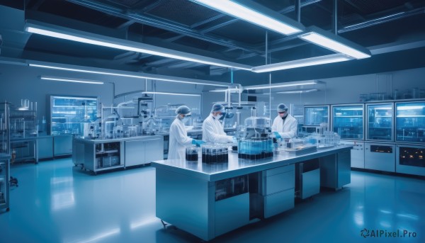 short hair,hat,standing,multiple boys,indoors,cup,window,mask,chair,table,scenery,reflection,science fiction,blue theme,robe,labcoat,tiles,multiple others,monitor,kitchen,ambiguous gender,shop,ceiling,counter,ceiling light,doctor,sitting,2boys,mouth mask,reflective floor