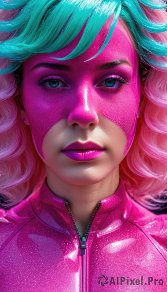 1girl,solo,looking at viewer,blue eyes,blonde hair,jewelry,closed mouth,green eyes,blue hair,pink hair,multicolored hair,earrings,shiny,two-tone hair,aqua eyes,lips,eyelashes,aqua hair,bodysuit,makeup,mask,watermark,lipstick,portrait,close-up,eyeshadow,zipper,realistic,nose,stud earrings,pink skin,pink bodysuit,short hair,bangs,upper body,artist name,piercing,web address,curly hair,pink lips,unzipped