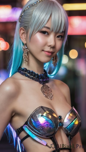 1girl,solo,long hair,breasts,looking at viewer,bangs,cleavage,bare shoulders,jewelry,medium breasts,closed mouth,blue hair,collarbone,upper body,grey hair,multicolored hair,hairband,earrings,small breasts,choker,necklace,blurry,black eyes,two-tone hair,lips,grey eyes,aqua hair,gradient hair,depth of field,blurry background,revealing clothes,realistic,nose,gem,bokeh