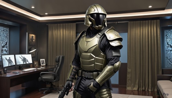 solo,gloves,1boy,holding,weapon,male focus,cowboy shot,belt,indoors,fingerless gloves,holding weapon,armor,gun,window,bed,chair,helmet,curtains,shoulder armor,holding gun,desk,handgun,pauldrons,breastplate,lamp,bedroom,monitor,office chair,bulletproof vest,table,rifle,science fiction,submachine gun,full armor,poster (object),office