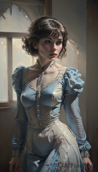 1girl,solo,breasts,blush,short hair,bangs,blue eyes,brown hair,black hair,hair ornament,long sleeves,dress,jewelry,medium breasts,standing,collarbone,cowboy shot,earrings,frills,parted lips,choker,puffy sleeves,artist name,indoors,necklace,black eyes,lips,looking to the side,window,makeup,blue dress,looking away,sunlight,lipstick,juliet sleeves,gem,puffy long sleeves,realistic,nose,arms at sides,red lips,looking afar,closed mouth,small breasts,nail polish,white dress,fingernails,eyelashes,backlighting,curly hair,sidelighting