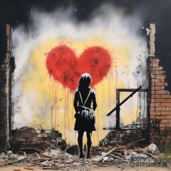 1girl,solo,short hair,skirt,standing,outdoors,sky,bag,from behind,blood,moon,building,smoke,spot color,shoulder bag,silhouette,ruins,debris,graffiti,destruction,rubble,full body,weapon,gun,window,traditional media,fire,star (sky),rifle,wall,explosion