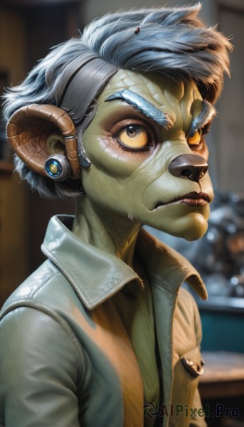 1girl,solo,looking at viewer,short hair,shirt,1boy,brown eyes,blue hair,jacket,upper body,white hair,male focus,parted lips,horns,teeth,artist name,blurry,lips,eyelashes,blurry background,colored skin,realistic,nose,green skin,sheep horns,alien,closed mouth,yellow eyes,grey hair,signature,depth of field,furry,science fiction,brown jacket,cyborg,cyberpunk