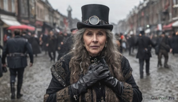 long hair,looking at viewer,blue eyes,gloves,long sleeves,1boy,hat,jewelry,closed mouth,jacket,upper body,grey hair,male focus,earrings,outdoors,multiple boys,solo focus,day,black gloves,blurry,lips,coat,fur trim,black headwear,depth of field,blurry background,facial hair,own hands together,goggles,ground vehicle,motor vehicle,beard,top hat,realistic,old,old man,goggles on headwear,people,1girl,smile,blonde hair,necklace,grey eyes,umbrella,building,road,street,crowd