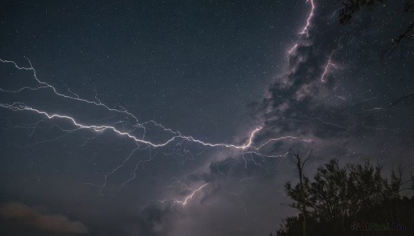 outdoors,sky,cloud,tree,no humans,night,cloudy sky,star (sky),nature,night sky,scenery,forest,starry sky,electricity,lightning,monochrome,signature,dark