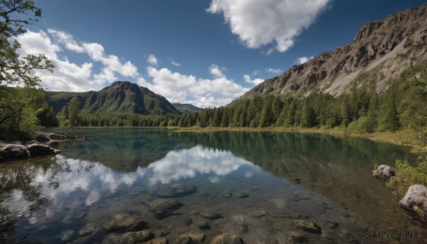 outdoors,sky,day,cloud,water,tree,blue sky,no humans,cloudy sky,grass,nature,scenery,forest,reflection,rock,mountain,road,river,landscape,reflective water,lake