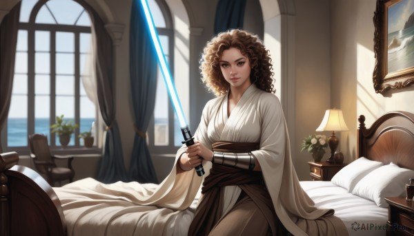 1girl,solo,long hair,looking at viewer,smile,brown hair,holding,brown eyes,sitting,weapon,day,sword,indoors,holding weapon,lips,pillow,window,bed,on bed,holding sword,sunlight,plant,curtains,curly hair,robe,realistic,nose,potted plant,lamp,bracer,big hair,vase,picture frame,painting (object),energy sword,white robe,afro,portrait (object),lightsaber,breasts,flower,wide sleeves,book,sash,bed sheet,science fiction,glowing sword