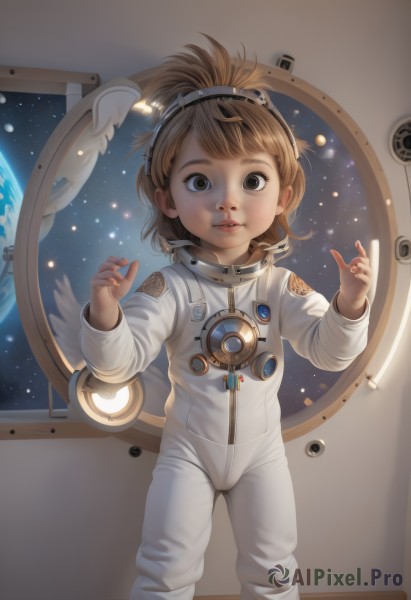 1girl,solo,looking at viewer,short hair,brown hair,brown eyes,standing,parted lips,wings,lips,child,science fiction,realistic,female child,space,planet,spacesuit,space helmet,astronaut,blonde hair,window,freckles,wide-eyed,earth (planet)