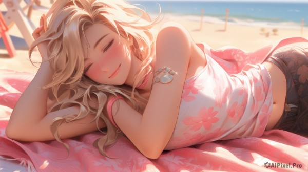 mercy (overwatch),1girl,solo,long hair,breasts,blush,smile,bangs,blonde hair,shirt,navel,bare shoulders,jewelry,medium breasts,closed mouth,closed eyes,white shirt,earrings,outdoors,lying,shorts,sleeveless,choker,day,midriff,belt,pants,water,blurry,bracelet,lips,fingernails,short shorts,eyelashes,sleeveless shirt,tattoo,depth of field,blurry background,ocean,on side,beach,floral print,sleeping,tank top,denim,towel,facing viewer,camisole,denim shorts,jeans,pink lips,sand,blanket,midriff peek,beach umbrella,black shorts,armlet