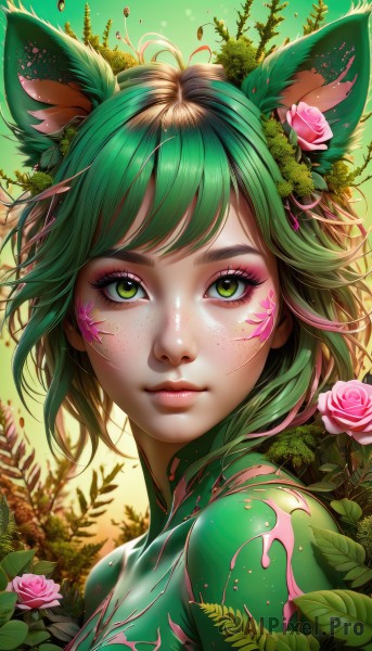 1girl,solo,breasts,looking at viewer,short hair,bangs,hair ornament,animal ears,closed mouth,green eyes,upper body,pink hair,flower,multicolored hair,green hair,artist name,cat ears,hair flower,from side,two-tone hair,lips,animal ear fluff,gradient,gradient background,eyelashes,gradient hair,makeup,rose,leaf,watermark,facial mark,plant,lipstick,portrait,web address,pink flower,eyeshadow,freckles,realistic,nose,eyeliner,vines,pink rose,green theme,mascara,plant girl,nude,outdoors,monster girl,green skin