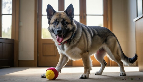 HQ,open mouth,full body,day,tongue,indoors,tongue out,collar,no humans,window,animal,ball,dog,realistic,door,animal focus,tennis ball,solo,looking at viewer,brown eyes,standing,red collar,animal collar