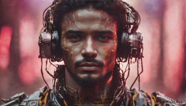 solo,looking at viewer,black hair,1boy,male focus,dark skin,blurry,black eyes,blurry background,facial hair,headphones,portrait,beard,science fiction,realistic,mustache,cable,straight-on,cyborg,cyberpunk,brown eyes,closed mouth,armor,headset