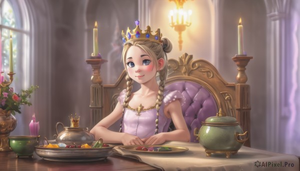 1girl,solo,long hair,breasts,blush,smile,bangs,blue eyes,blonde hair,brown hair,dress,twintails,sitting,closed mouth,collarbone,braid,flower,small breasts,food,sleeveless,day,indoors,hair bun,white dress,blurry,twin braids,flat chest,cup,bare arms,window,depth of field,blurry background,chair,table,sunlight,tiara,crown,knife,plant,curtains,child,hair over shoulder,plate,teacup,fork,candle,teapot,vase,candlestand,tablecloth,looking at viewer,upper body,freckles