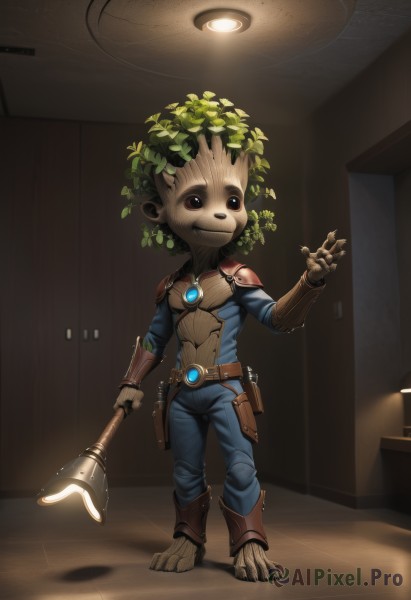 solo,smile,1boy,holding,brown eyes,standing,full body,weapon,male focus,barefoot,belt,indoors,hand up,holding weapon,armor,bodysuit,glowing,leaf,plant,furry,furry male,gloves,animal ears,artist name,staff,gauntlets,claws,lamp,hammer