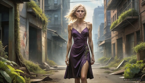 HQ,1girl,solo,long hair,breasts,looking at viewer,short hair,blue eyes,blonde hair,dress,cleavage,bare shoulders,medium breasts,standing,collarbone,outdoors,day,scar,plant,wind,building,scenery,purple dress,city,realistic,arms at sides,ruins,dirty,overgrown,jewelry,necklace,tree,window,tattoo,makeup