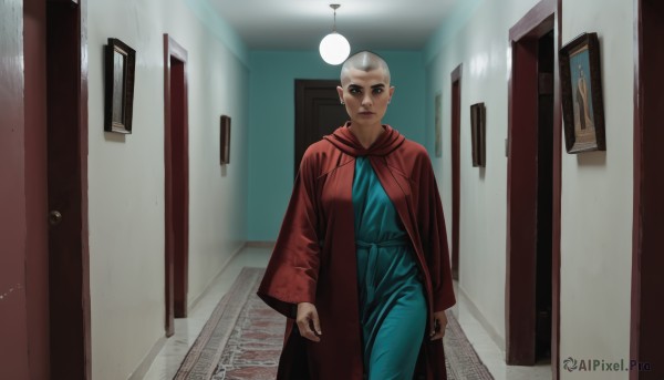 1girl,solo,looking at viewer,long sleeves,dress,brown eyes,closed mouth,standing,indoors,dark skin,dark-skinned female,coat,blue dress,robe,door,bald,horror (theme),hallway,cape,black eyes,lips,realistic,doorway