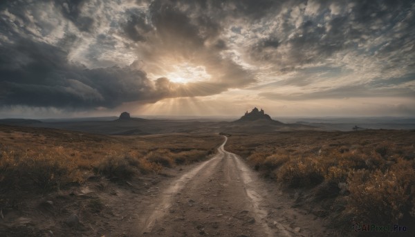 outdoors,sky,day,cloud,signature,tree,no humans,sunlight,cloudy sky,grass,nature,scenery,forest,sunset,light rays,mountain,sun,road,field,landscape,mountainous horizon,hill,monochrome,water,ocean,beach,sand,horizon,sunbeam,shore