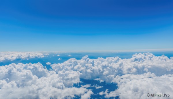 monochrome,outdoors,sky,day,cloud,water,blue sky,no humans,ocean,cloudy sky,scenery,blue theme,horizon,landscape,above clouds,bird