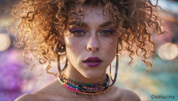 1girl,solo,looking at viewer,short hair,blonde hair,brown hair,bare shoulders,brown eyes,jewelry,collarbone,earrings,parted lips,choker,dark skin,necklace,blurry,dark-skinned female,lips,eyelashes,makeup,depth of field,blurry background,wavy hair,lipstick,portrait,eyeshadow,freckles,curly hair,hoop earrings,realistic,purple lips,very dark skin,long hair,upper body,floating hair,mascara