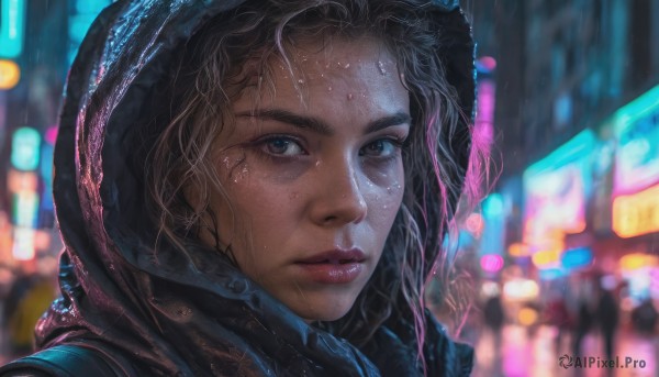 1girl, solo, looking at viewer, black hair, hood, blurry, lips, wet, blurry background, portrait, hood up, rain, realistic, nose, wet hair, cyberpunk