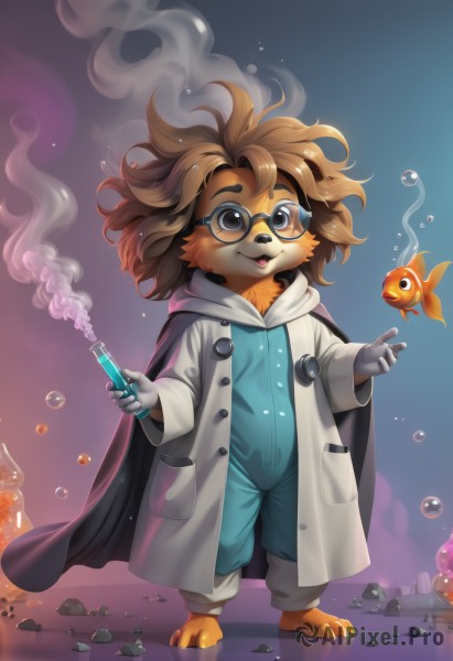 1girl,solo,looking at viewer,smile,open mouth,brown hair,gloves,1boy,holding,animal ears,brown eyes,standing,full body,male focus,glasses,barefoot,artist name,hood,cape,watermark,child,furry,smoke,fish,bubble,black-framed eyewear,rock,round eyewear,labcoat,overalls,furry male,animal nose,test tube,goldfish,short hair,long sleeves,teeth,gradient background,freckles,underwater,furry female,air bubble,vial,brown-framed eyewear