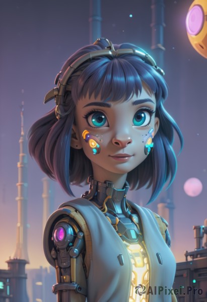 1girl,solo,breasts,looking at viewer,smile,short hair,bangs,blue eyes,jewelry,closed mouth,blue hair,upper body,earrings,small breasts,outdoors,sky,artist name,dark skin,aqua eyes,dark-skinned female,lips,eyelashes,makeup,night,glowing,headgear,watermark,robot,web address,science fiction,nose,android,stud earrings,joints,mechanical arms,cyborg,single mechanical arm,robot joints,cyberpunk,mechanical parts,black hair,facial mark,blue shirt,goggles,backlighting,freckles,goggles on head,facepaint