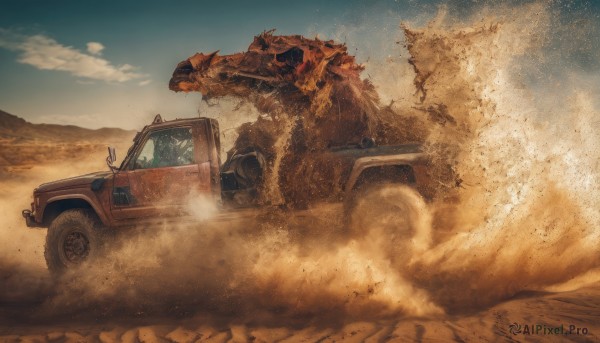 open mouth,outdoors,sky,teeth,day,cloud,blue sky,no humans,ground vehicle,scenery,motor vehicle,smoke,monster,sand,car,vehicle focus,desert,driving,dust,truck,dust cloud,mountain