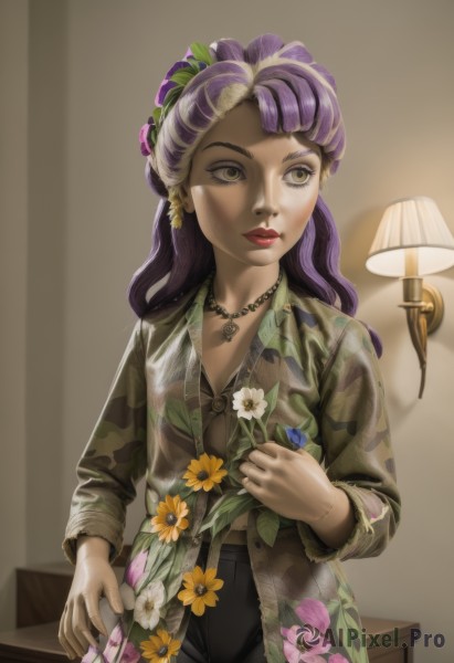 1girl,solo,long hair,shirt,hair ornament,long sleeves,holding,brown eyes,jewelry,closed mouth,standing,yellow eyes,purple hair,flower,multicolored hair,cowboy shot,collared shirt,pants,indoors,hair flower,necklace,two-tone hair,lips,looking to the side,makeup,looking away,black pants,floral print,lipstick,realistic,yellow flower,green shirt,holding flower,red lips,lamp,earrings