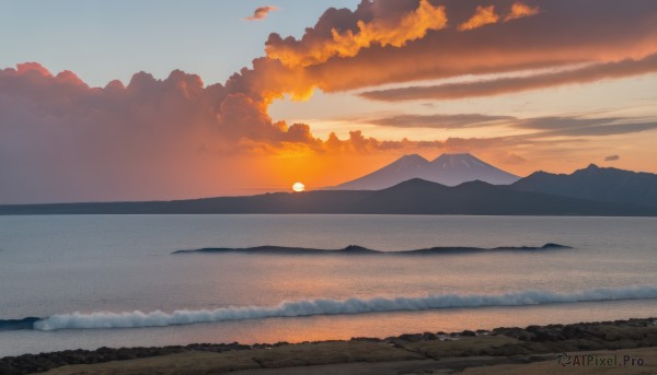 outdoors,sky,cloud,water,no humans,ocean,beach,cloudy sky,nature,scenery,reflection,sunset,mountain,sun,horizon,landscape,mountainous horizon,gradient sky,shore,orange sky,blue sky,lake