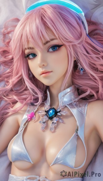 1girl,solo,long hair,breasts,looking at viewer,bangs,blue eyes,bare shoulders,jewelry,medium breasts,closed mouth,underwear,swimsuit,upper body,pink hair,bikini,earrings,small breasts,lying,on back,armpits,lips,eyelashes,makeup,gem,breasts apart,realistic,cleavage,necklace,bed sheet,headgear,halo,front-tie top,nose,front-tie bikini top