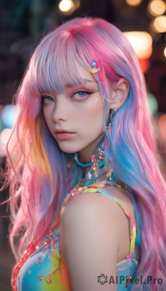 1girl,solo,long hair,breasts,looking at viewer,blush,bangs,blue eyes,hair ornament,bare shoulders,jewelry,medium breasts,closed mouth,upper body,pink hair,multicolored hair,earrings,sleeveless,choker,hairclip,artist name,blunt bangs,necklace,blurry,from side,lips,looking to the side,eyelashes,gradient hair,makeup,depth of field,blurry background,gem,eyeshadow,freckles,realistic,nose,eyeliner,bokeh,mascara,shirt,dress,blue hair,two-tone hair,aqua eyes,streaked hair,expressionless,lipstick,multicolored clothes,pink lips,colorful,multicolored shirt