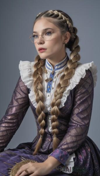 1girl,solo,long hair,looking at viewer,blue eyes,blonde hair,simple background,brown hair,long sleeves,dress,twintails,jewelry,sitting,very long hair,braid,multicolored hair,earrings,frills,parted lips,glasses,grey background,necklace,black dress,twin braids,lips,looking to the side,ring,gem,hair over shoulder,freckles,realistic,nose,round eyewear,red lips,eyewear strap,multiple braids,see-through,makeup,lipstick,forehead,pink lips,crown braid,yellow-framed eyewear,traditional clothes