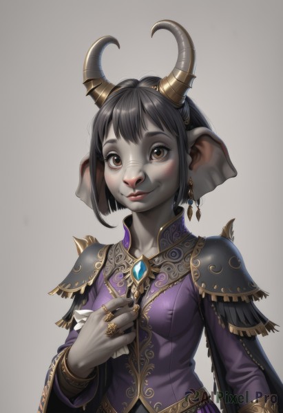 1girl,solo,breasts,looking at viewer,blush,smile,short hair,simple background,black hair,long sleeves,animal ears,brown eyes,jewelry,medium breasts,closed mouth,upper body,earrings,horns,grey background,cape,armor,covered nipples,lips,colored skin,ring,hand on own chest,shoulder armor,purple dress,furry,pauldrons,furry female,grey skin,small breasts,bracelet