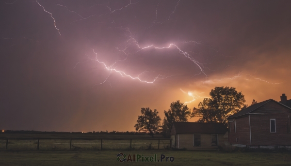 outdoors,sky,cloud,tree,no humans,window,cloudy sky,grass,building,scenery,sunset,fence,electricity,house,lightning,monochrome,nature,bush