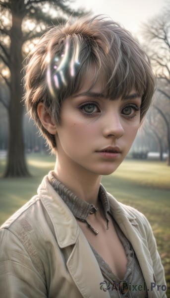 1girl,solo,looking at viewer,short hair,bangs,blonde hair,brown hair,shirt,jewelry,green eyes,jacket,upper body,outdoors,parted lips,day,artist name,necklace,mole,blurry,tree,lips,grey eyes,eyelashes,mole under eye,depth of field,blurry background,watermark,web address,freckles,realistic,nose,very short hair,breasts,black hair,cleavage,small breasts,open clothes,sunlight