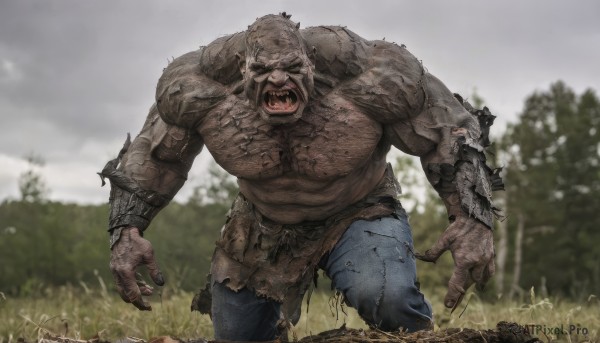 solo,open mouth,1boy,standing,male focus,outdoors,sky,teeth,day,pants,artist name,cloud,armor,blurry,tree,torn clothes,muscular,blurry background,abs,cloudy sky,crying,grass,pectorals,denim,muscular male,shoulder armor,veins,topless male,jeans,blue pants,torn pants,grey sky,tongue,signature,monster,giant,manly,chest hair,hairy,screaming