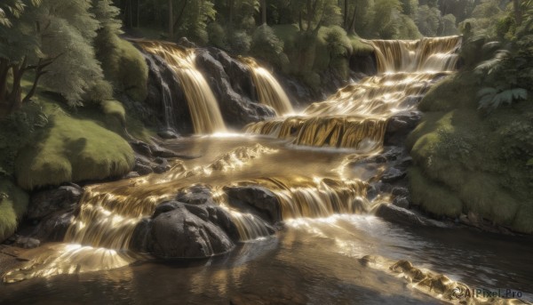 A waterfall surrounded by a lush day