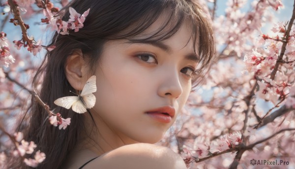 1girl, solo, long hair, looking at viewer, brown hair, bare shoulders, brown eyes, jewelry, flower, earrings, outdoors, parted lips, sky, day, looking back, mole, blurry, lips, mole under eye, depth of field, bug, cherry blossoms, butterfly, portrait, realistic, nose, branch