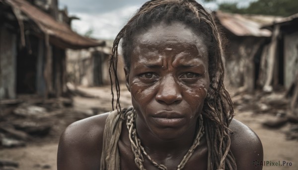 1girl,solo,long hair,looking at viewer,black hair,jewelry,closed mouth,upper body,outdoors,dark skin,necklace,blurry,black eyes,dark-skinned female,lips,blurry background,portrait,freckles,realistic,dirty,very dark skin,dreadlocks,smile,brown hair,1boy,brown eyes,male focus,sweat,teeth,day,depth of field,chain,dark-skinned male