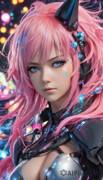 1girl,solo,long hair,breasts,looking at viewer,bangs,blue eyes,large breasts,cleavage,medium breasts,closed mouth,upper body,pink hair,artist name,blurry,lips,clothing cutout,eyelashes,bodysuit,makeup,headgear,cleavage cutout,freckles,science fiction,realistic,nose,hair ornament,armor,headphones,facial mark,expressionless,portrait,bokeh,cyberpunk