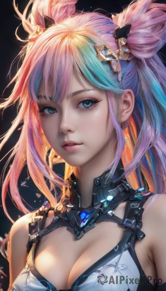 1girl,solo,long hair,breasts,looking at viewer,bangs,blue eyes,blonde hair,simple background,hair ornament,cleavage,bare shoulders,medium breasts,blue hair,upper body,pink hair,multicolored hair,parted lips,two-tone hair,lips,streaked hair,clothing cutout,eyelashes,double bun,makeup,cleavage cutout,black background,realistic,nose,large breasts,swimsuit,bikini,artist name,hair bun,gradient hair,portrait,science fiction,eyeliner