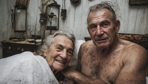 looking at viewer,smile,1boy,closed mouth,upper body,white hair,grey hair,male focus,nude,multiple boys,teeth,indoors,2boys,grin,pillow,bed,bed sheet,facial hair,on bed,messy hair,beard,realistic,blanket,lamp,under covers,old,chest hair,old man,arm hair,old woman,wrinkled skin,jewelry,nipples,ring,age difference,portrait (object)