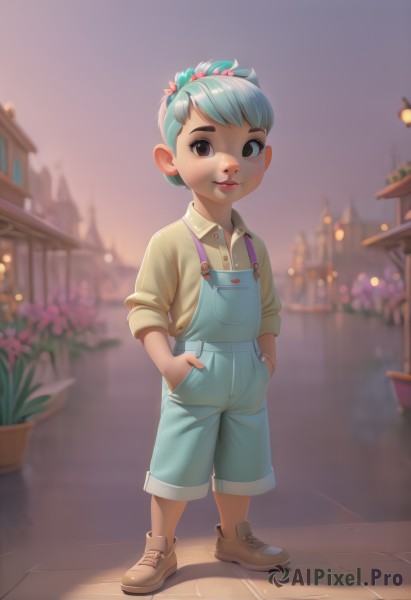 1girl,solo,looking at viewer,smile,short hair,shirt,hair ornament,brown eyes,closed mouth,blue hair,standing,full body,ponytail,flower,multicolored hair,outdoors,shoes,shorts,collared shirt,artist name,blurry,lips,makeup,blurry background,brown footwear,lipstick,child,sleeves rolled up,yellow shirt,hands in pockets,female child,potted plant,overalls,overall shorts,aqua hair,sneakers,hand in pocket,male child