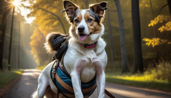 HQ,solo,blue eyes,jewelry,earrings,outdoors,day,tongue,tongue out,bag,blurry,collar,tree,no humans,blurry background,animal,sunlight,backpack,nature,forest,dog,realistic,leash,road,animal focus,looking at viewer,brown eyes,street,animal collar