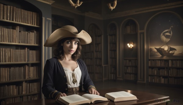 1girl,solo,breasts,brown hair,shirt,long sleeves,hat,cleavage,brown eyes,medium breasts,sitting,collarbone,jacket,white shirt,open clothes,belt,indoors,lips,book,night,bird,chair,table,sunglasses,bug,butterfly,star (sky),open book,brown headwear,bookshelf,eyewear removed,cowboy hat,library,eyewear hang,looking at viewer,short hair,black hair,window,lamp