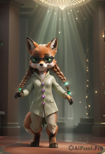 1girl,solo,long hair,looking at viewer,smile,brown hair,hair ornament,long sleeves,animal ears,jewelry,closed mouth,green eyes,standing,jacket,tail,full body,braid,glasses,pants,artist name,indoors,twin braids,sparkle,fox tail,watermark,sunglasses,gem,furry,furry female,furry male,body fur,animal nose,brown fur,green gemstone,bangs,twintails,barefoot,hand up,signature,necklace,flat chest,bracelet,coat,animal ear fluff,fox ears,buttons,low twintails,happy,ring,fox girl,claws,light particles,backlighting,black-framed eyewear,pocket,light rays,glint,grey jacket,white coat,light,white fur,straight-on,two-tone fur,blue gemstone,stage,spotlight,stage lights,animal feet,holding jewelry