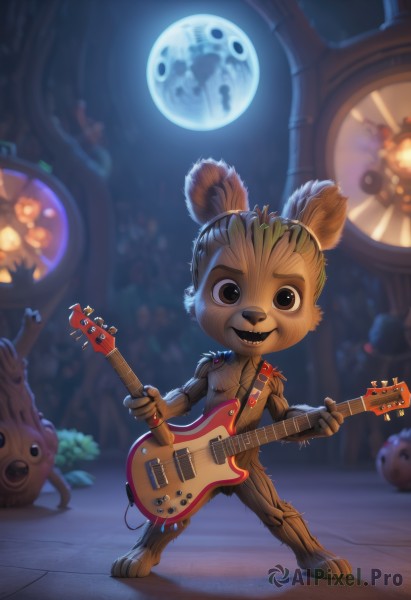 solo,looking at viewer,smile,open mouth,1boy,holding,animal ears,brown eyes,standing,full body,male focus,teeth,artist name,indoors,blurry,black eyes,tree,night,blurry background,moon,instrument,furry,full moon,music,guitar,furry male,playing instrument,holding instrument,electric guitar,brown fur,plectrum,buck teeth,jewelry,sky,necklace,window,fangs,night sky